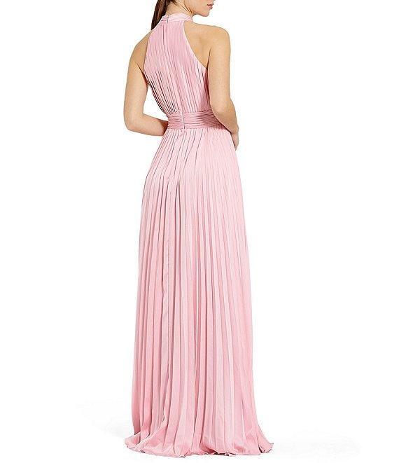 Mac Duggal Satin Pleated Halter Neck Sleeveless A-Line Dress Product Image