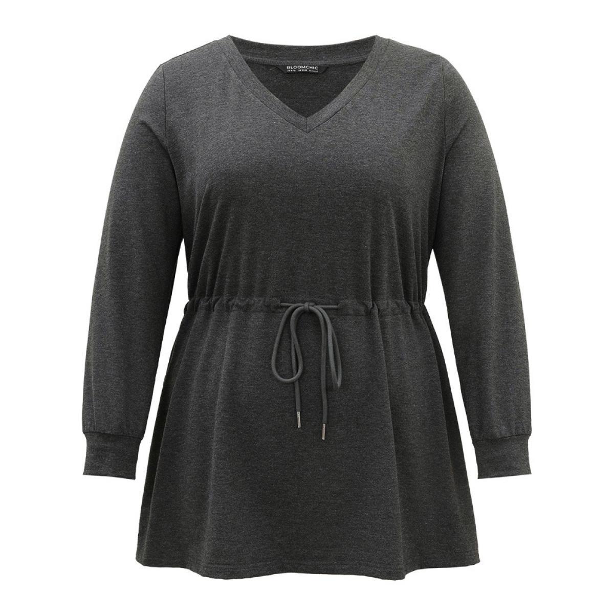 Plus Size V Neck Plain Drawstring Knot Sweatshirt Women Gray Casual Plain V-neck Dailywear Sweatshirts BloomChic 14-16/1X Product Image