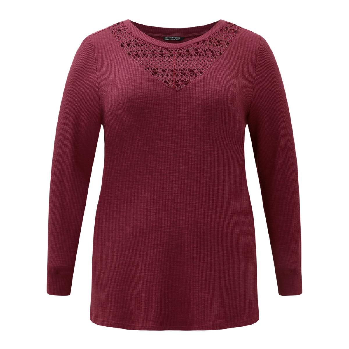 Plus Size Solid Lace Insert Crew Neck Cut Out T-shirt Burgundy Women Elegant Patchwork Plain Round Neck Dailywear T-shirts BloomChic 22-24/3X Product Image