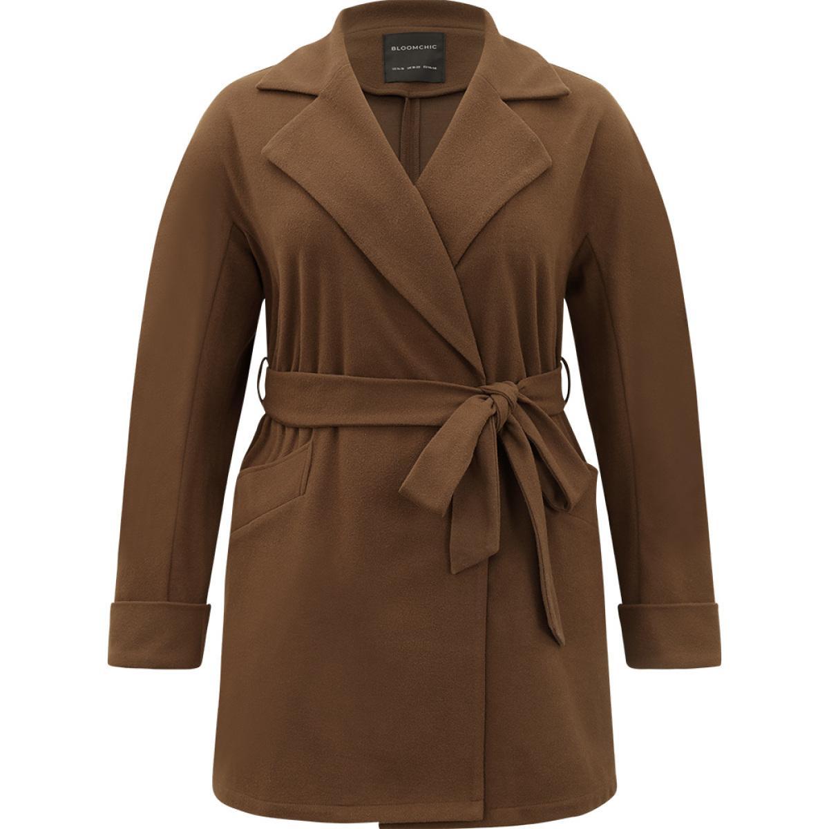 Plus Size Plain Lapel Collar Pocket Belted Coat Women DarkBrown Casual Plain Ladies Dailywear Winter Coats BloomChic 18-20/2X Product Image