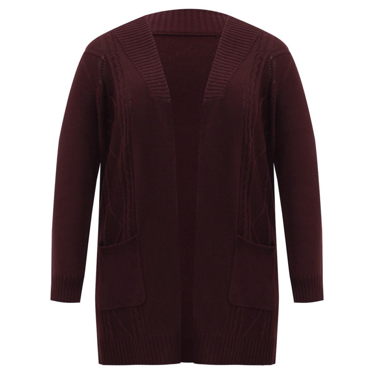 Plus Size Plain Cable Knit Button Up Pocket Cardigan Burgundy Women Casual Loose Long Sleeve Dailywear Cardigans BloomChic 14-16/1X Product Image