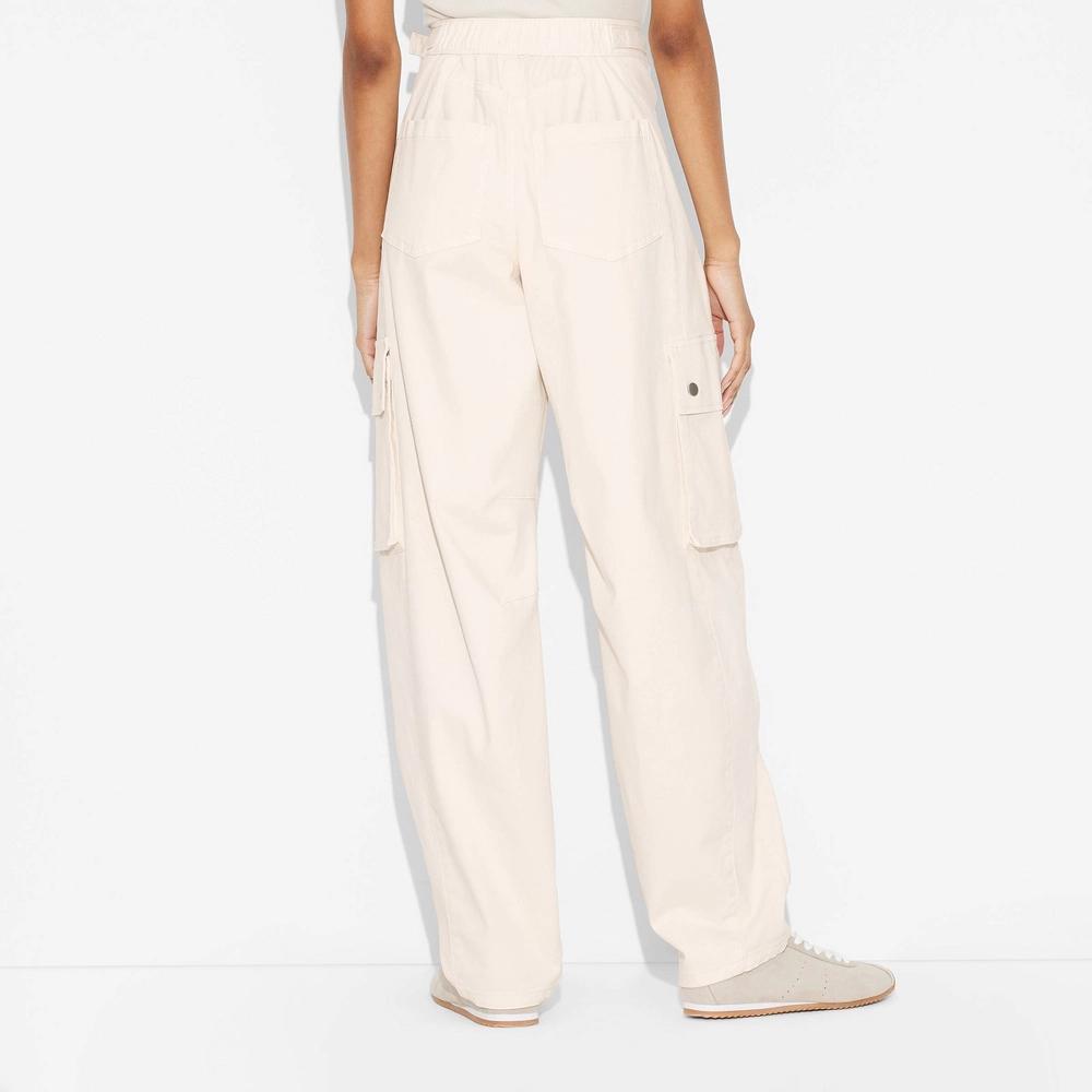Women's Mid-Rise Barrel Cargo Pants - Wild Fable™ Off-White L: Relaxed Fit, Lightweight Woven Fabric, 32" Inseam Product Image