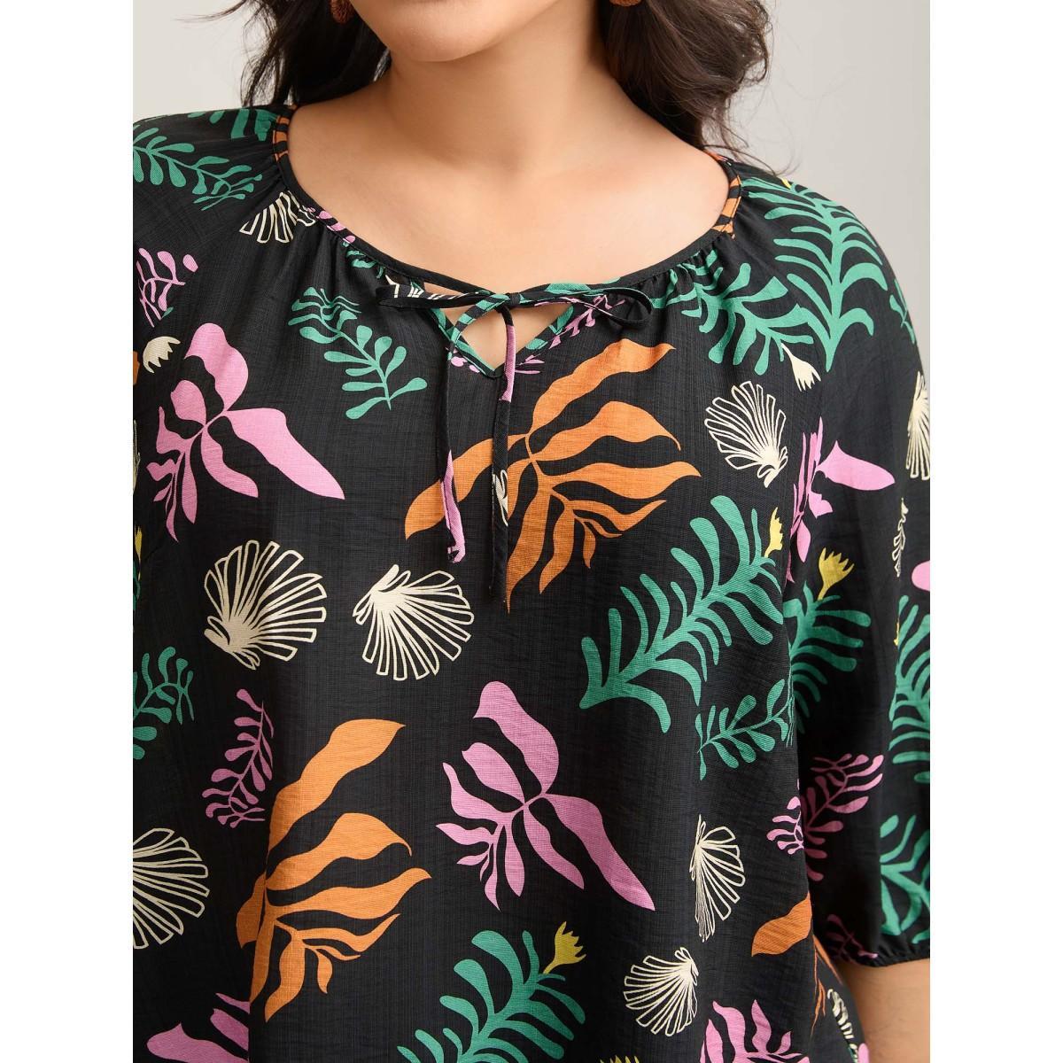 Plus Size Black Multi-Color Leaf Print Tassels Blouse Women Elbow-length sleeve Notched collar Vacation Blouses BloomChic 14-16/1X Product Image