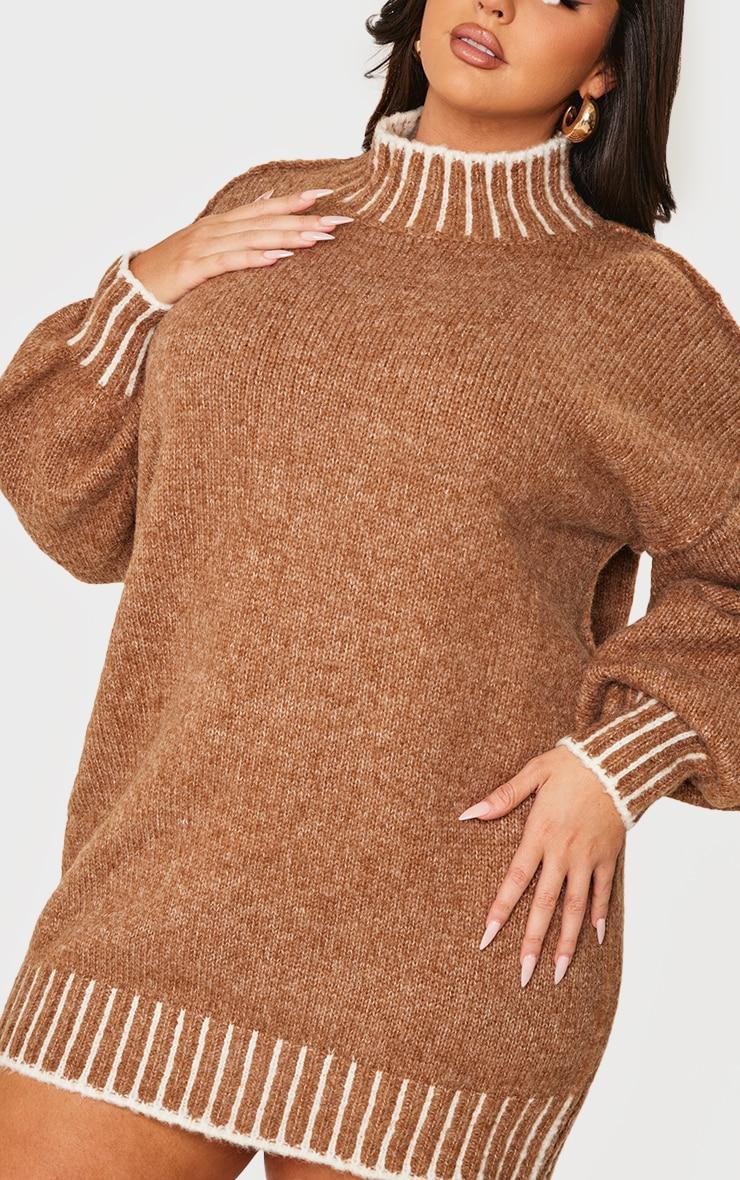 Plus Mocha Contrast Stitch Knitted High Neck Oversized Sweater Dress Product Image