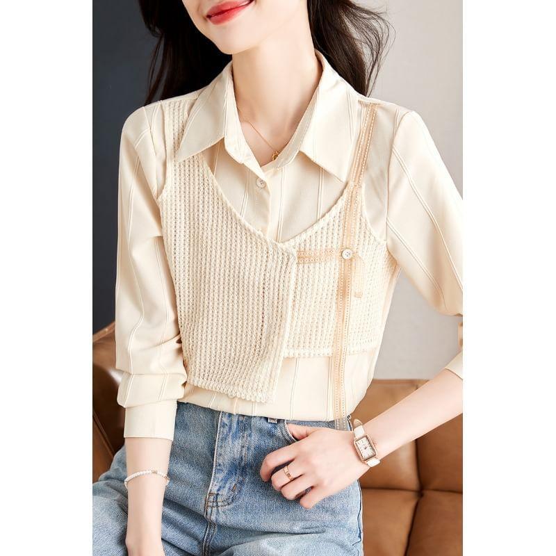 Long-Sleeve Collared Mock Two-Piece Asymmetrical Perforated Panel Button-Up Blouse Product Image