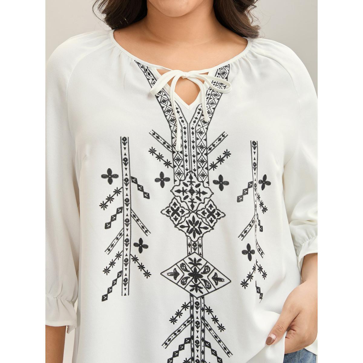Plus Size Originalwhite Boho Print Neck Tassels Shirt Women Resort Elbow-length sleeve Notched collar Vacation Blouses BloomChic 14-16/1X Product Image