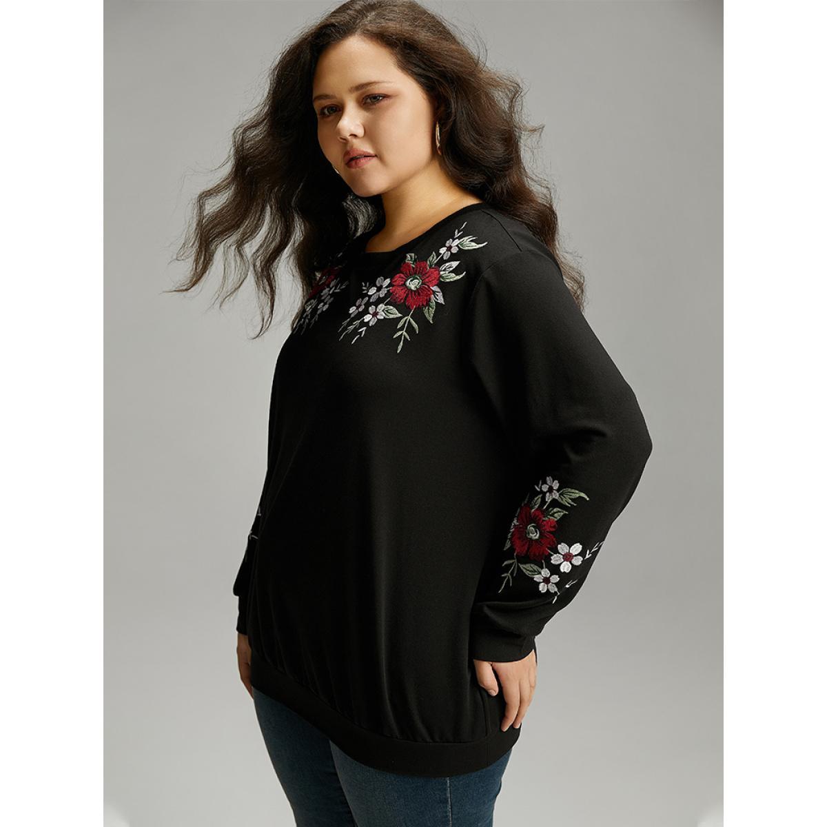 Plus Size Floral Embroidered Crew Neck Sweatshirt Women Black Casual Embroidered Round Neck Dailywear Sweatshirts BloomChic 22-24/3X Product Image