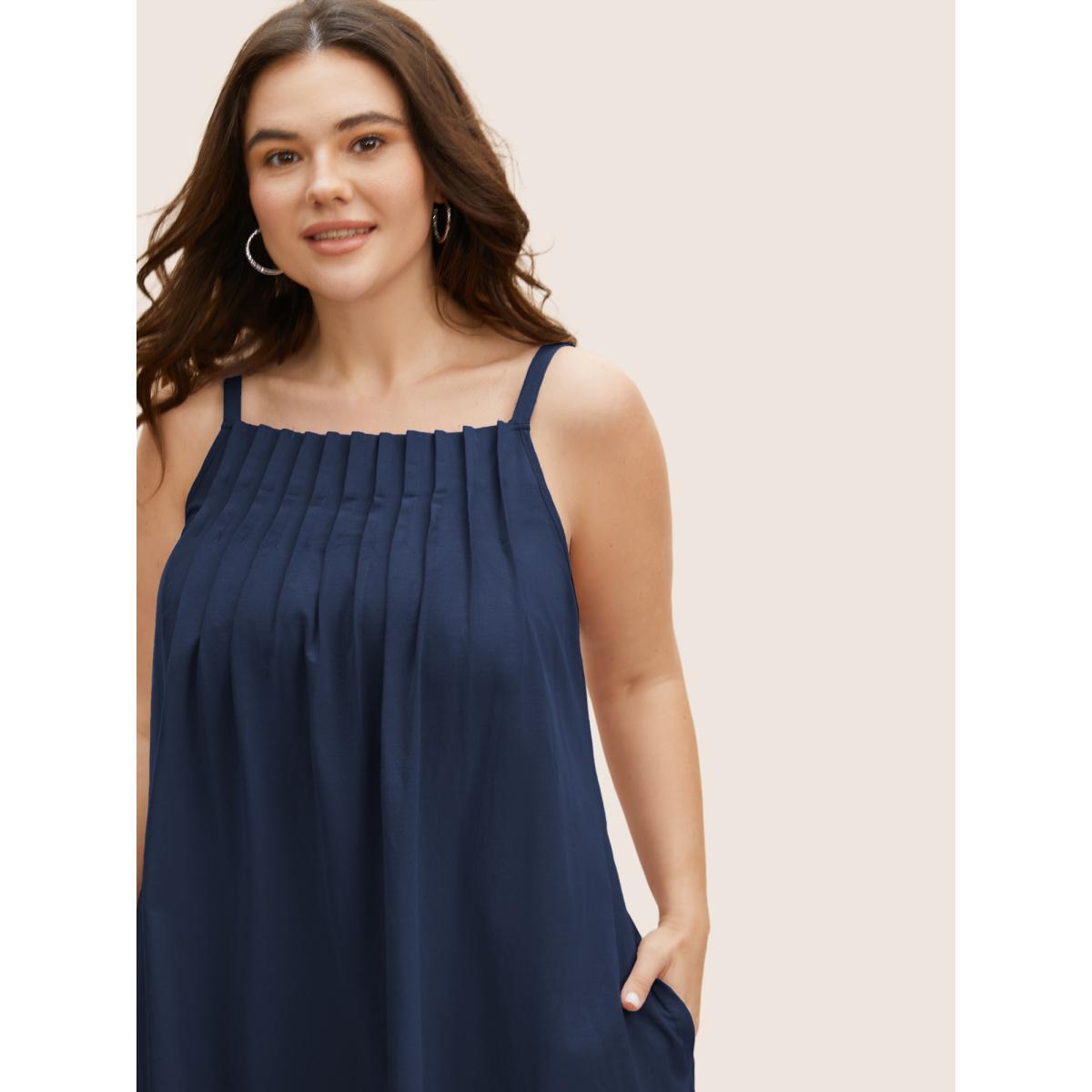 Plus Size Cotton Plain Pleated Loose Fit Cami Dress Navy Women Casual Ruffles Non Sleeveless Curvy BloomChic 14-16/1X Product Image