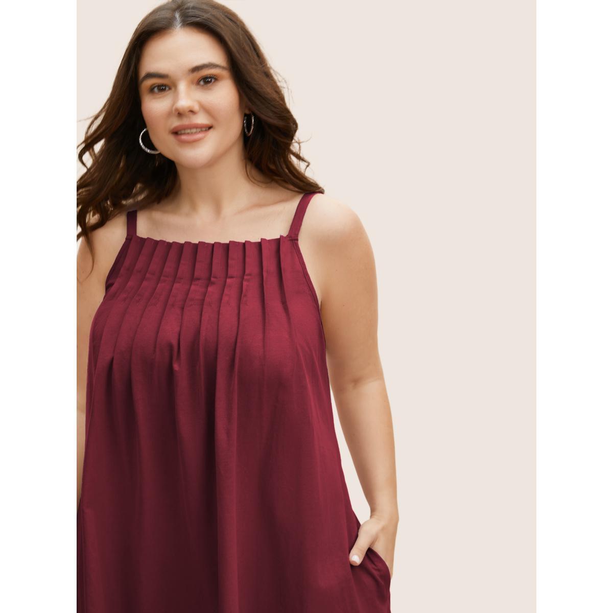 Plus Size Cotton Plain Pleated Loose Fit Cami Dress RedViolet Women Casual Ruffles Non Sleeveless Curvy BloomChic 28/5X Product Image