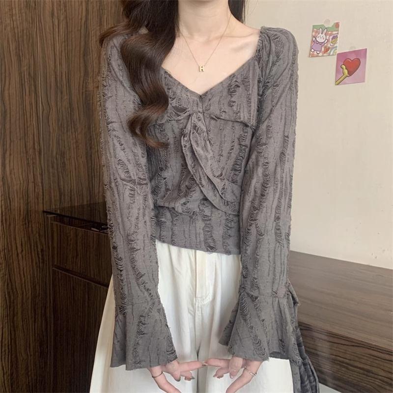 Long-Sleeve Plain Asymmetrical Ruffle Trim Distressed Slim Fit T-Shirt Product Image