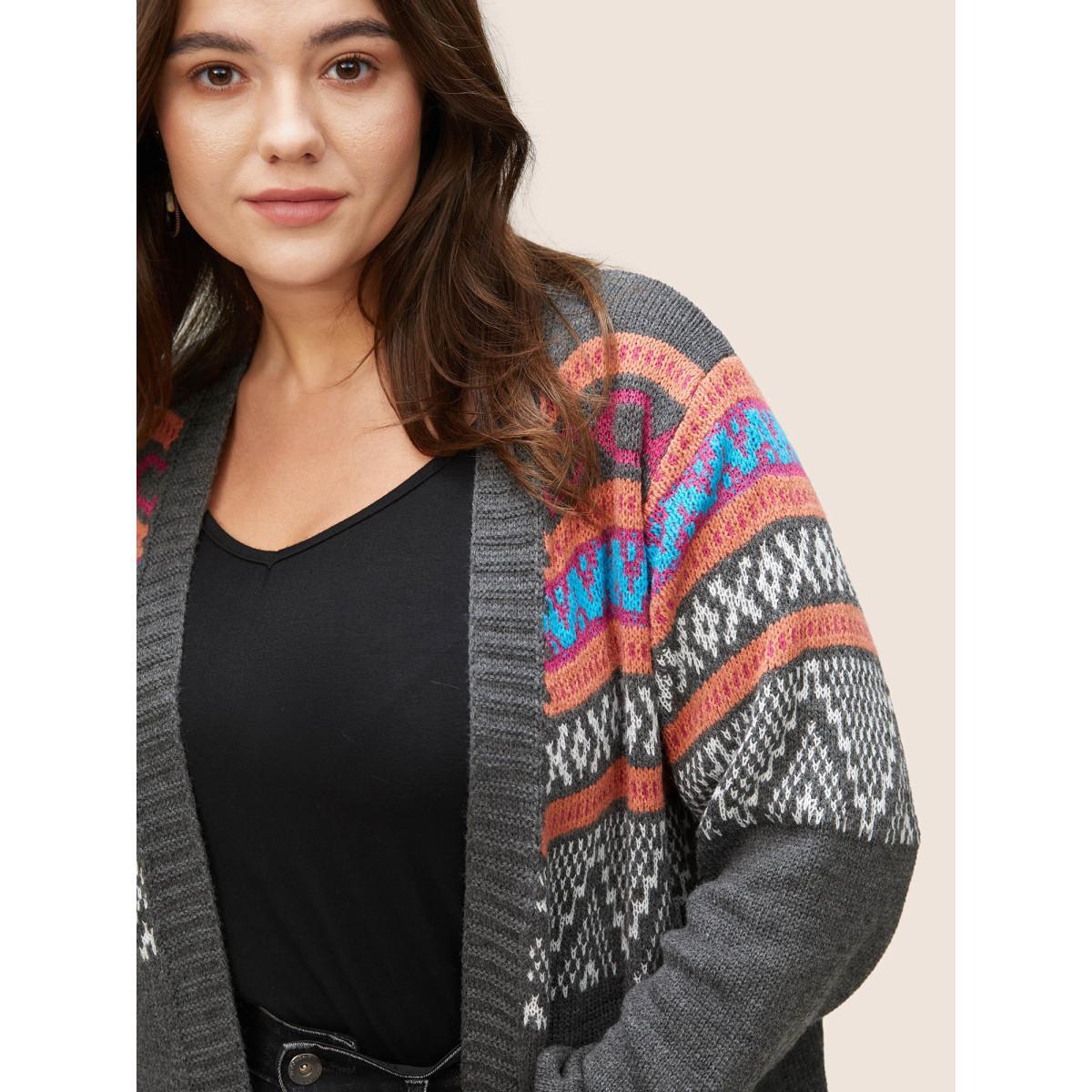 Plus Size Boho Contrast Jacquard Patched Pocket Cardigan Multicolor Women Casual Loose Long Sleeve Dailywear Cardigans BloomChic 30/6X Product Image