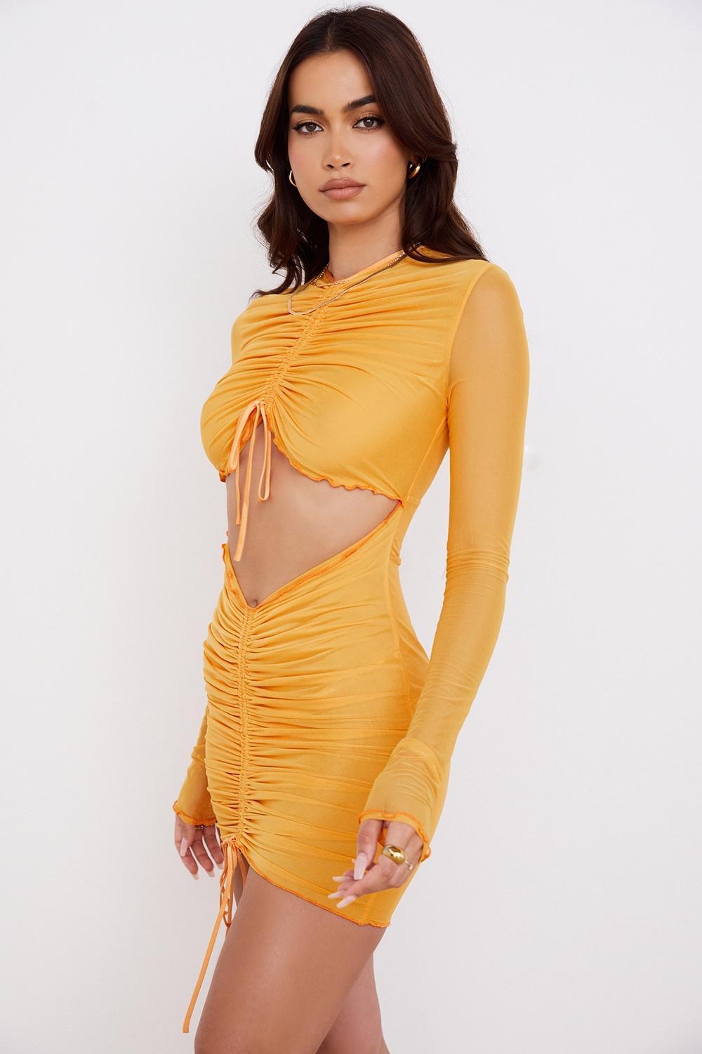 Jeanelle  orange ruched mesh long sleeve cutout mini dress - sale Product Image