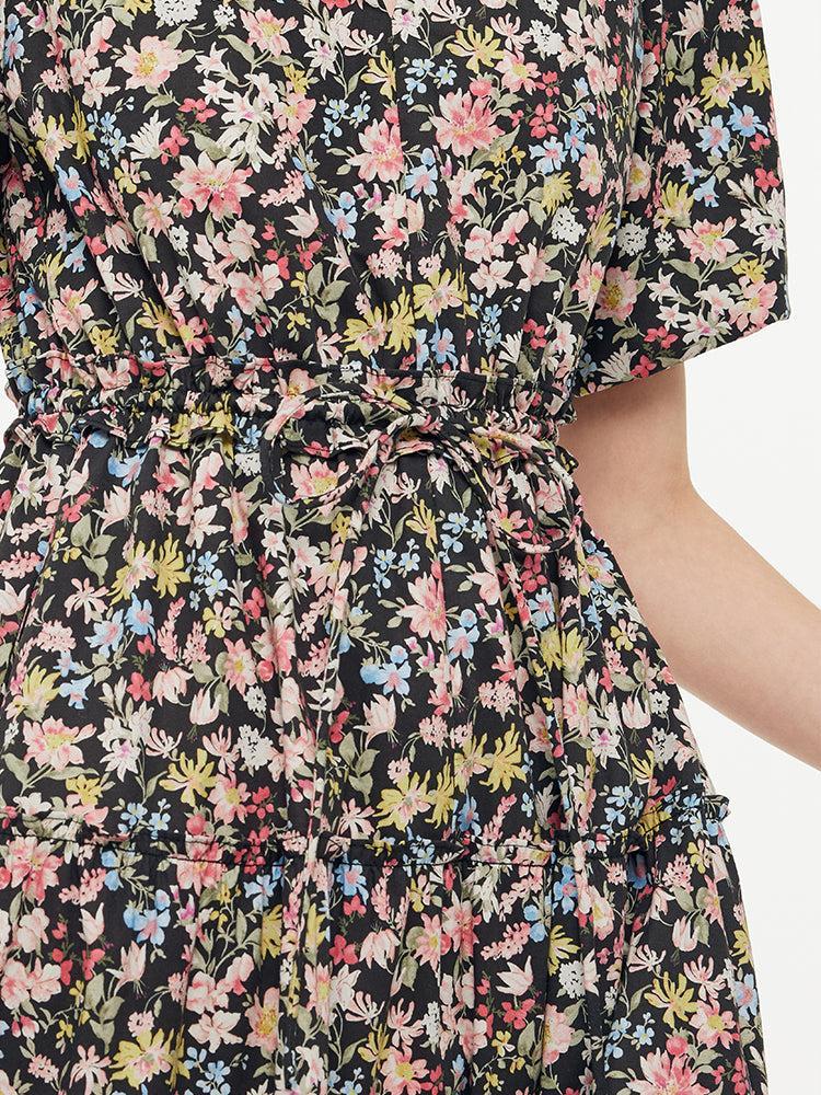 Cotton Puff Sleeve Drawstring Waist Floral Print Women Midi Dress Product Image