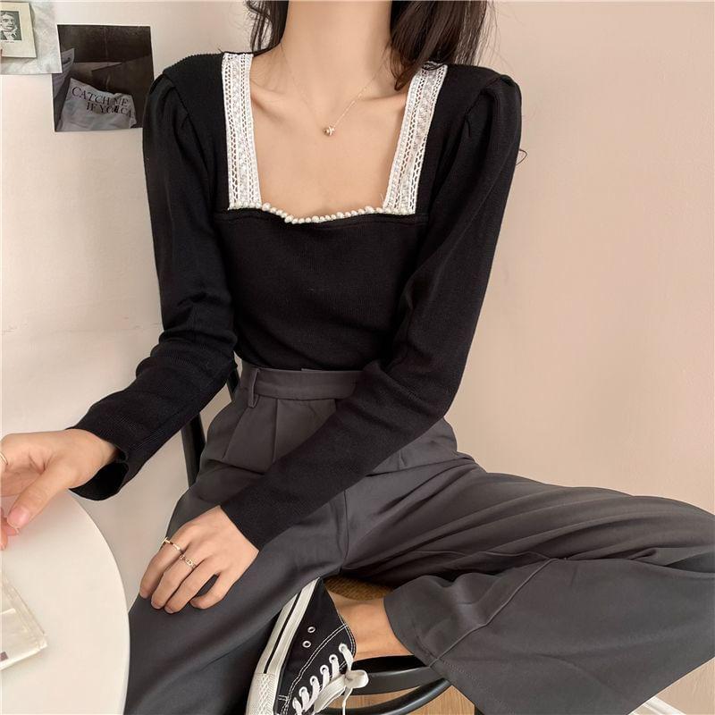 Long Sleeve Square Neck Plain Lace Trimmed Crop Top Product Image