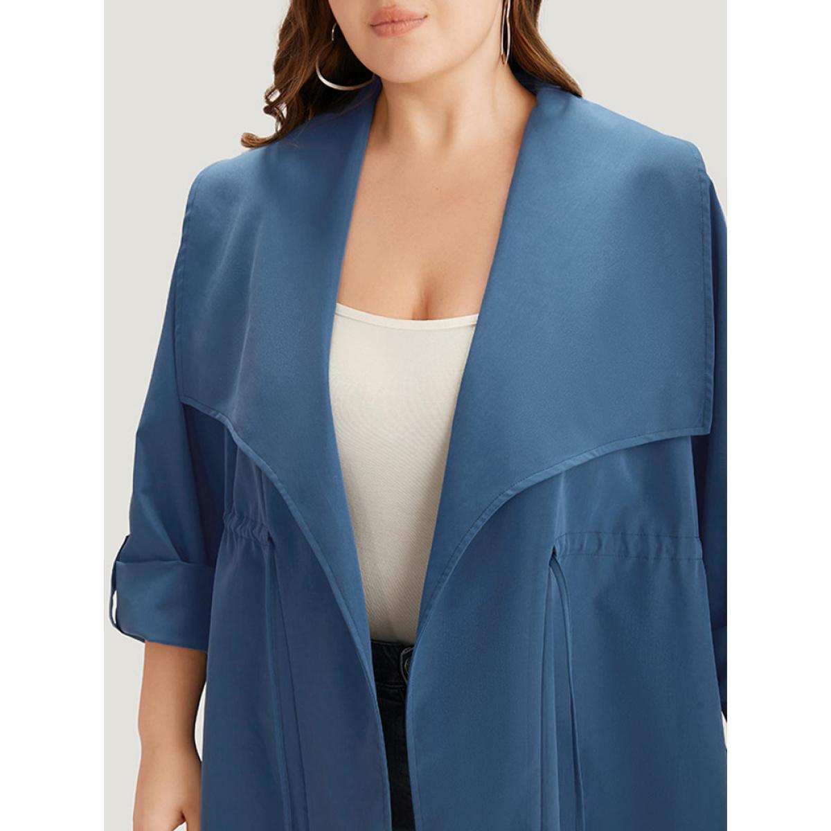 Plus Size Plain Drawstring Pocket Lapel Collar Tab Sleeve Coat Women DarkBlue Work Plain Plain 18-20/2X Pocket Work From Home Trench Coats BloomChic Product Image