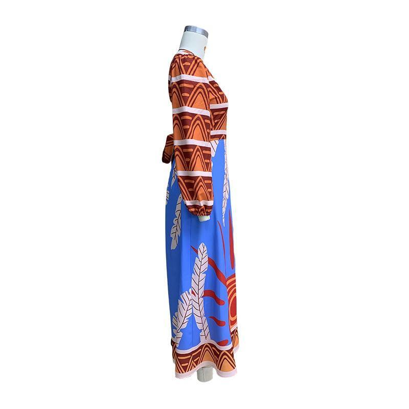 Elbow-Sleeve V-Neck Print Maxi A-Line Dress Product Image