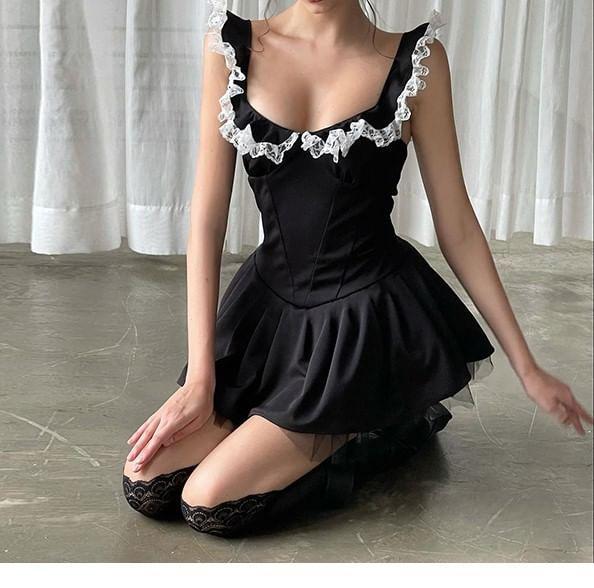 Sleeveless V-Neck Mesh Panel Contrast Lace Trim Layered Mini A-Line Dress Product Image