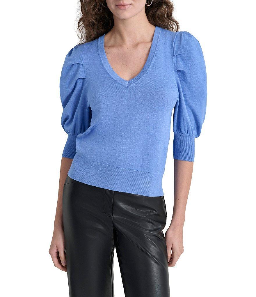 DKNY by Donna Karan Short Pleated Puffed Elbow Sleeve V-Neck Knit Top Product Image
