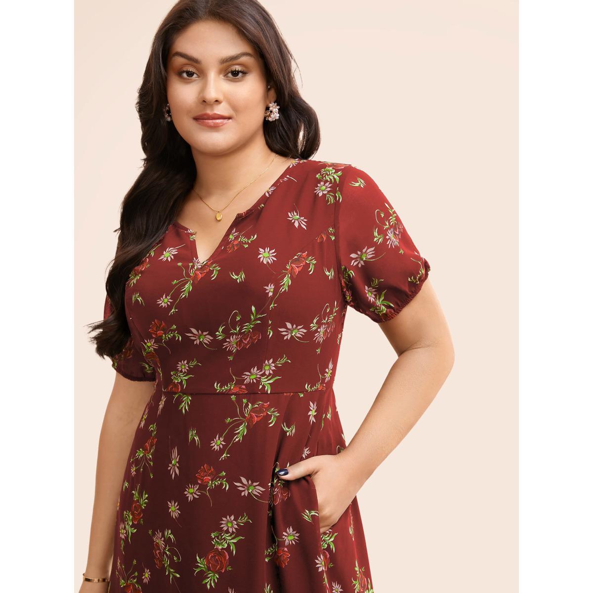 Plus Size Floral Notched Chiffon Mesh Midi Dress Burgundy Women Elegant See through Notched collar Short sleeve Curvy BloomChic 12/L Product Image