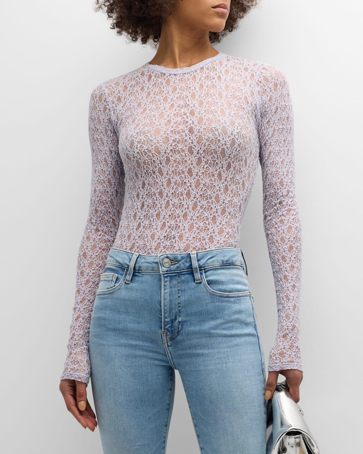 Womens Mesh Lace Crewneck Long-Sleeve Top Product Image