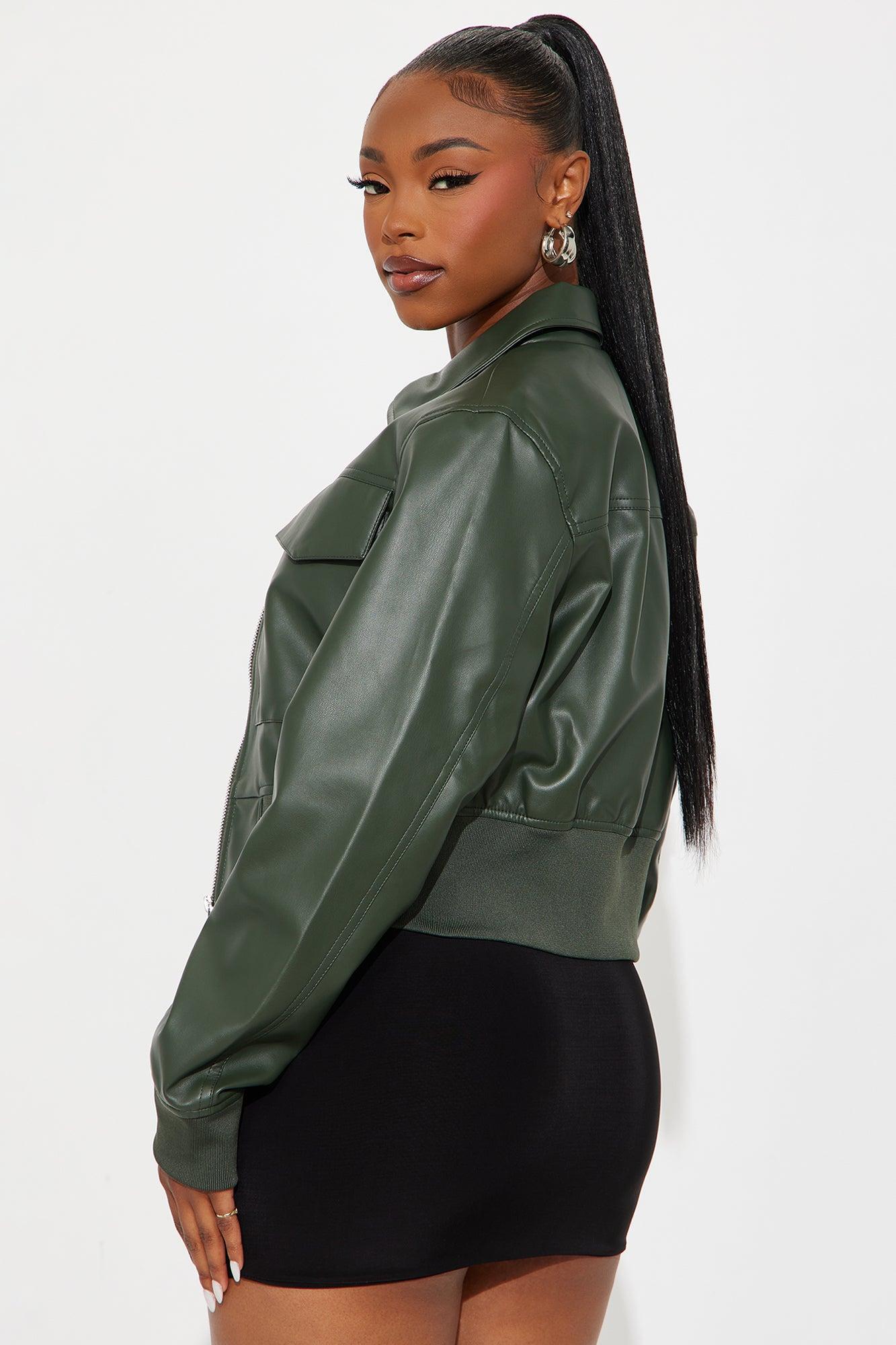 Jordyn Faux Leather Bomber Jacket - Olive Product Image