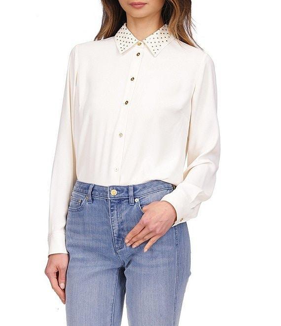 MICHAEL Michael Kors Astor Stud Collar Long Sleeve Button-Front Top Product Image