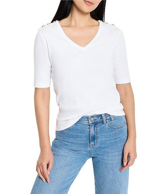 NIC + ZOE Knit V-Neck Elbow Sleeve Button Shoulder Top Product Image