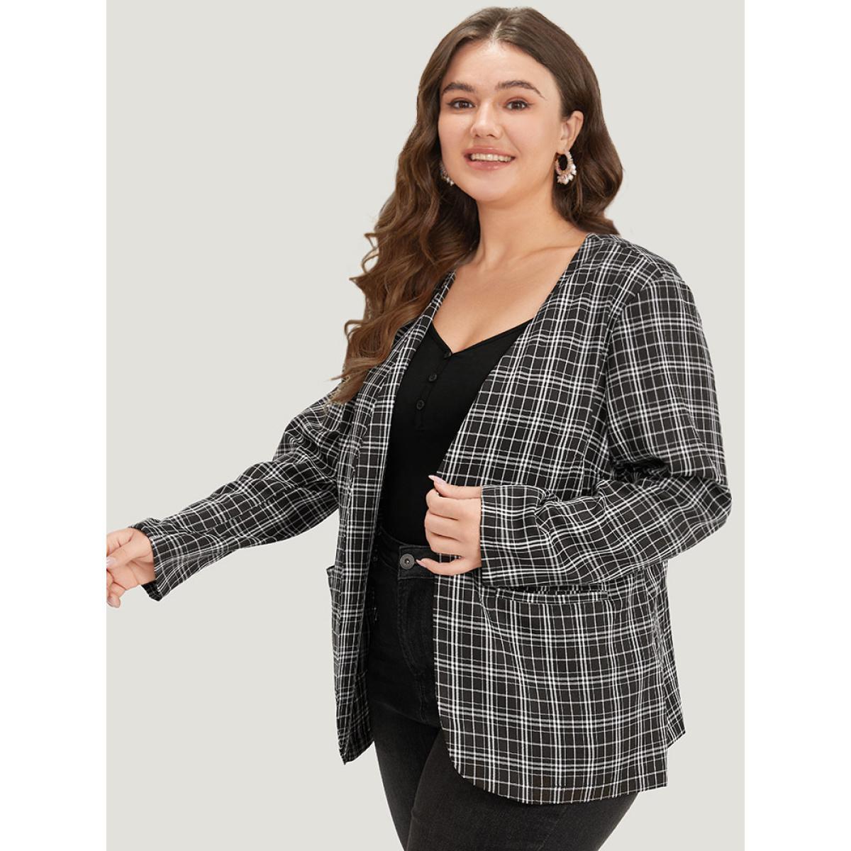 Plus Size Plaid Pocket Open Front Blazer Black Women Dailywear Plaid Pocket Sleeve Long Sleeve Open Front 22-24/3X Pocket Casual Blazers BloomChic Product Image