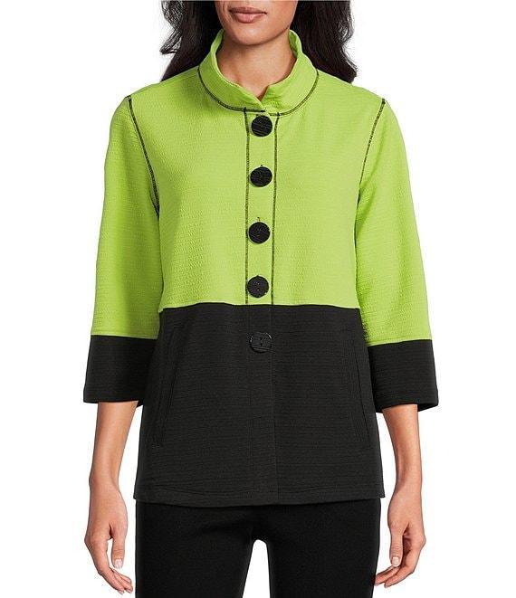 Multiples Petite Size Solid Stripe Jacquard Stand Collar 3/4 Sleeve Fitted Button Front Jacket Product Image