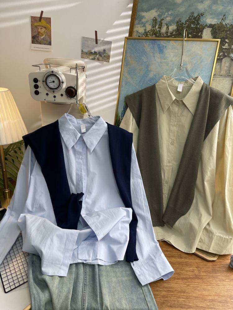 Set: Long-Sleeve Plain Button-Up Shirt + Shawl Product Image