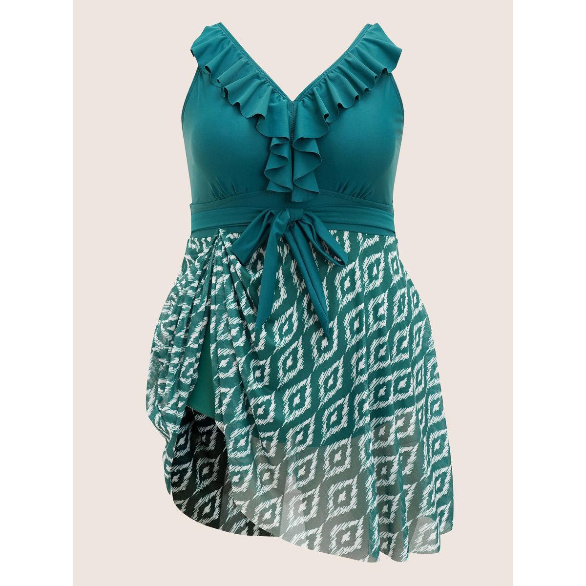 Plus Size Geometric Patchwork See Through Ruffles Swim Dress Women's Swimwear DarkGreen Beach Bodycon V-neck High stretch Curve Swim Dresses BloomChic 18-20/2X Product Image