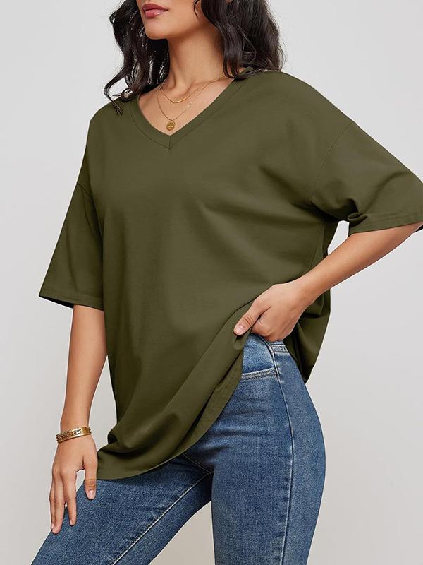Short Sleeves Solid Color Split-Joint V-Neck T-Shirts Product Image