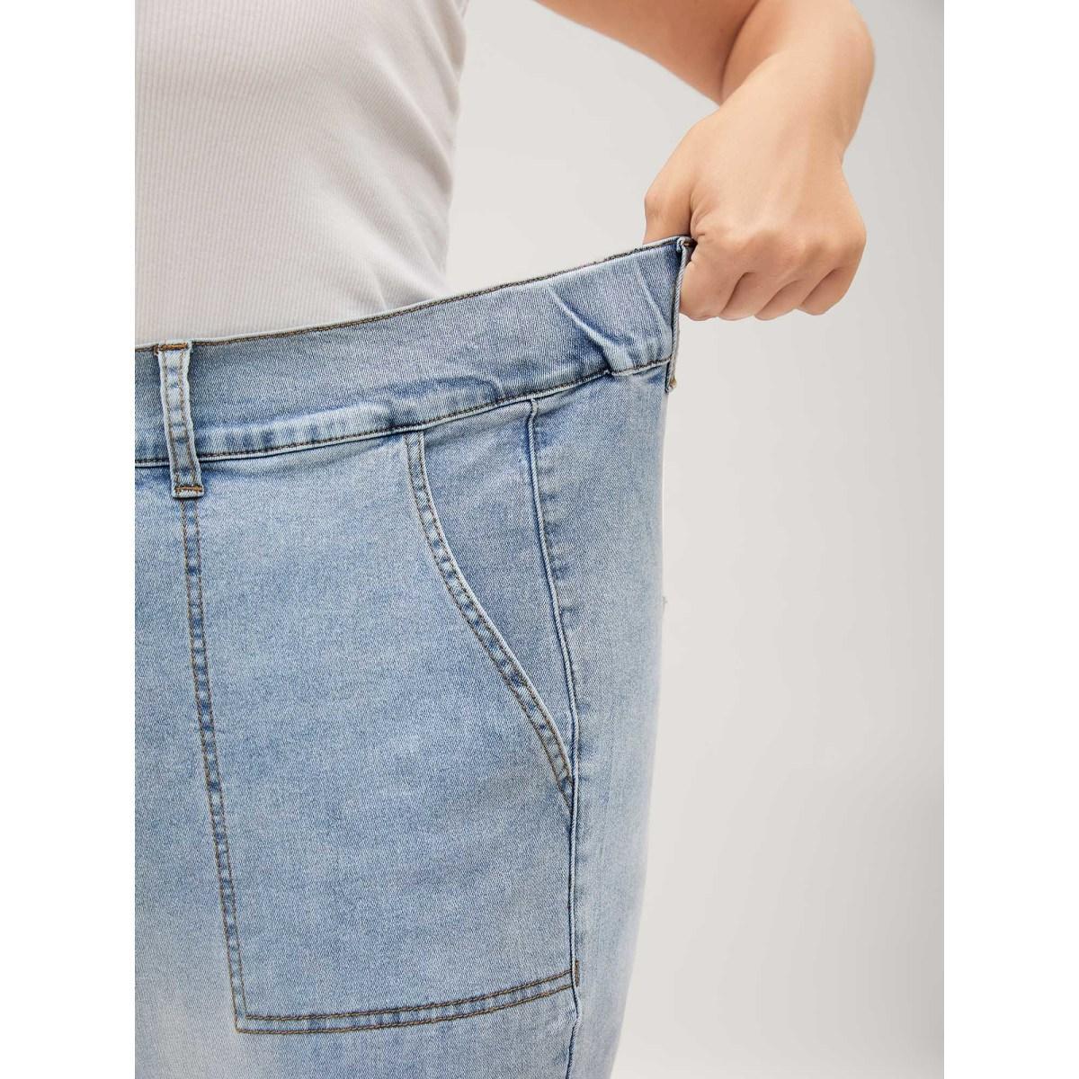 Plus Size Stretchy Waist Boyfriend Jeans Women Midblue Medium stretch Slanted pocket Jeans BloomChic 12/L Product Image