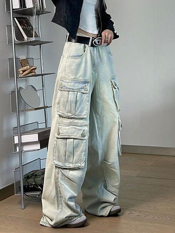 Hip Pop Multi Pocket High Rise Cargo Jeans Product Image