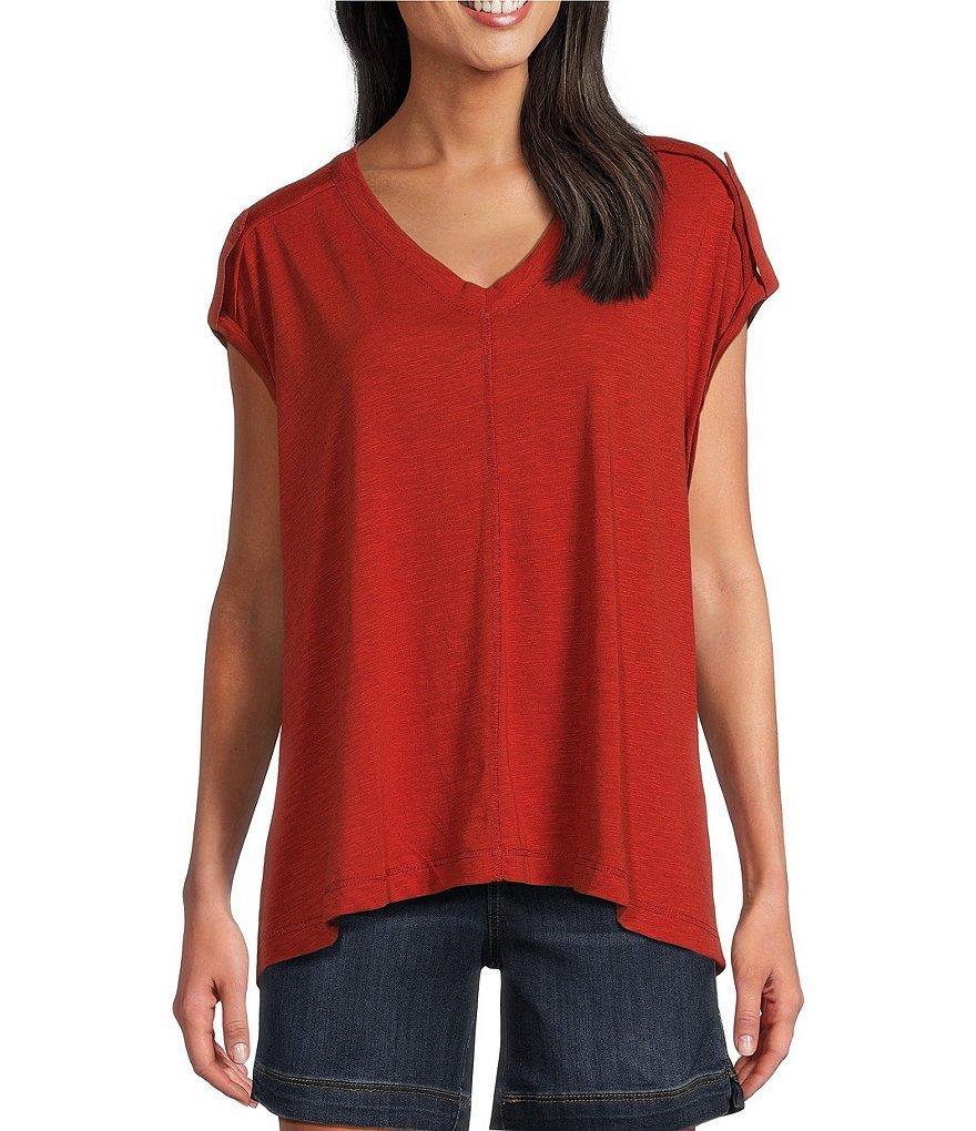 Westbound Knit V-Neck Short Sleeve High-Low Hem Top Product Image