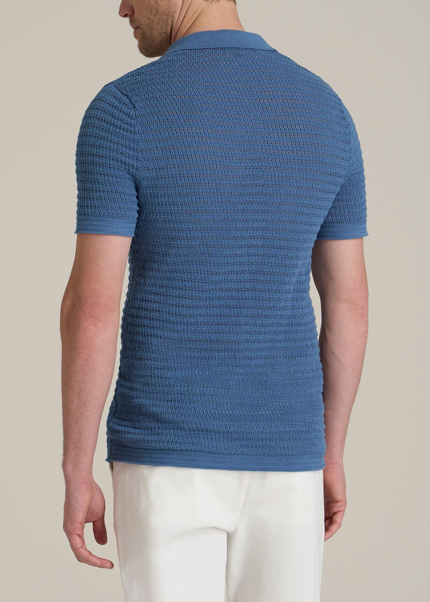 Short Sleeve Crochet Polo Cardigan for Tall Men in Deep Cobalt Product Image
