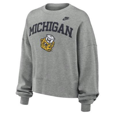 Women's Nike Heather Gray Michigan Wolverines Legacy Fleece Classic Arch Oversized Cropped Tackle Twill Sweatshirt, Size: XL, Grey Product Image