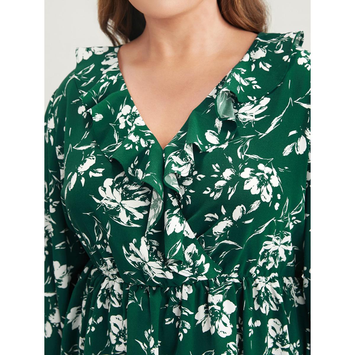 Plus Size DarkGreen Floral Ruffles Trim Lantern Sleeve Blouse Women Casual Long Sleeve V-neck Dailywear Blouses BloomChic 18-20/2X Product Image