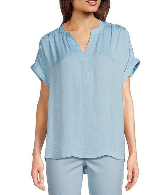 Gibson & Latimer Moonshadow Satin Split Round Neck Dropped Short Roll Tab Sleeve Hi-Low Shirttail Blouse Product Image