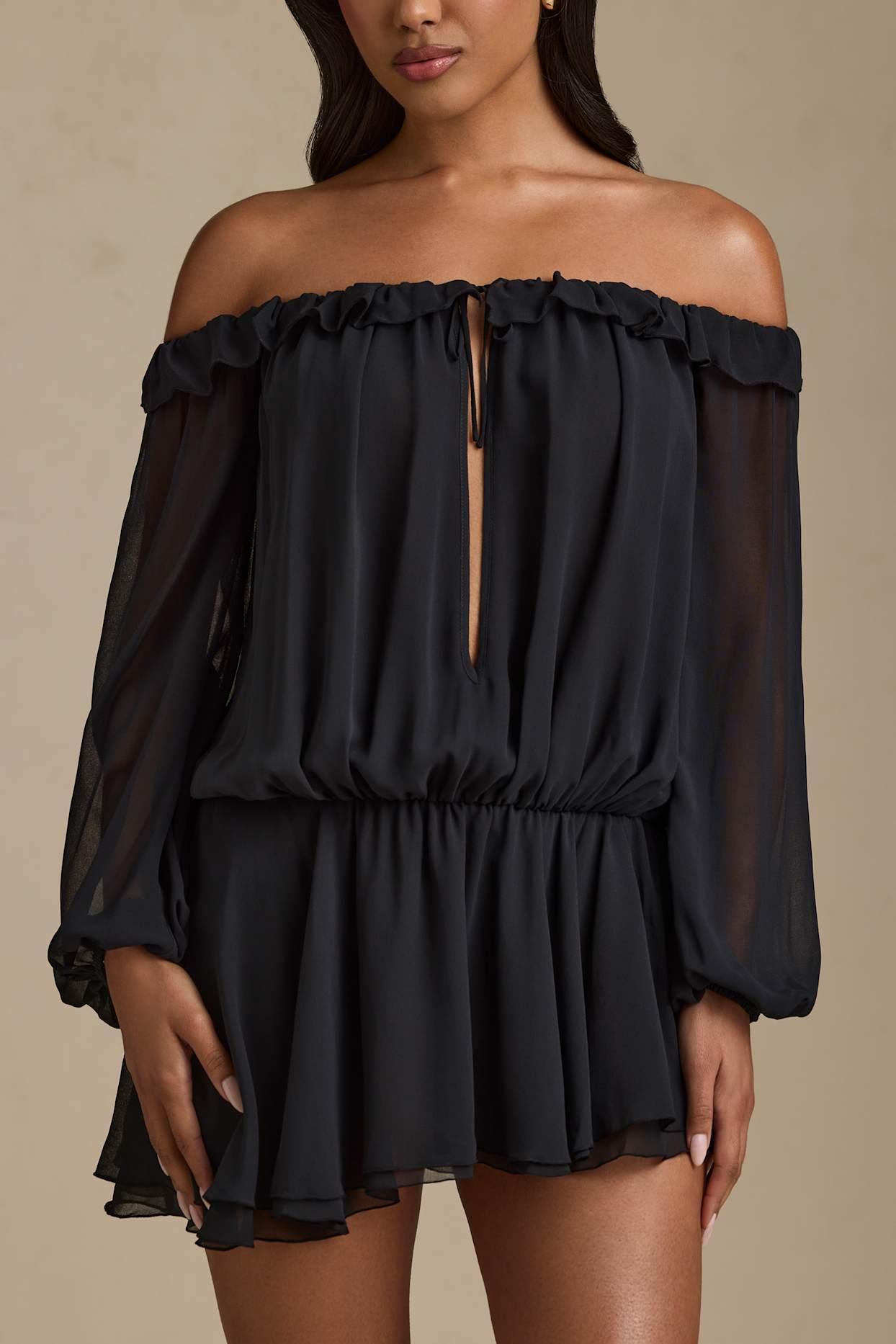 Off-Shoulder Asymmetric Balloon-Sleeve Mini Dress in Black Product Image