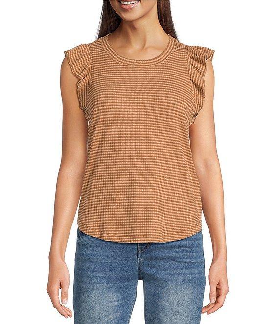 Democracy Lurex Stripe Crew Neck Ruffle Cap Sleeve Knit Top Product Image