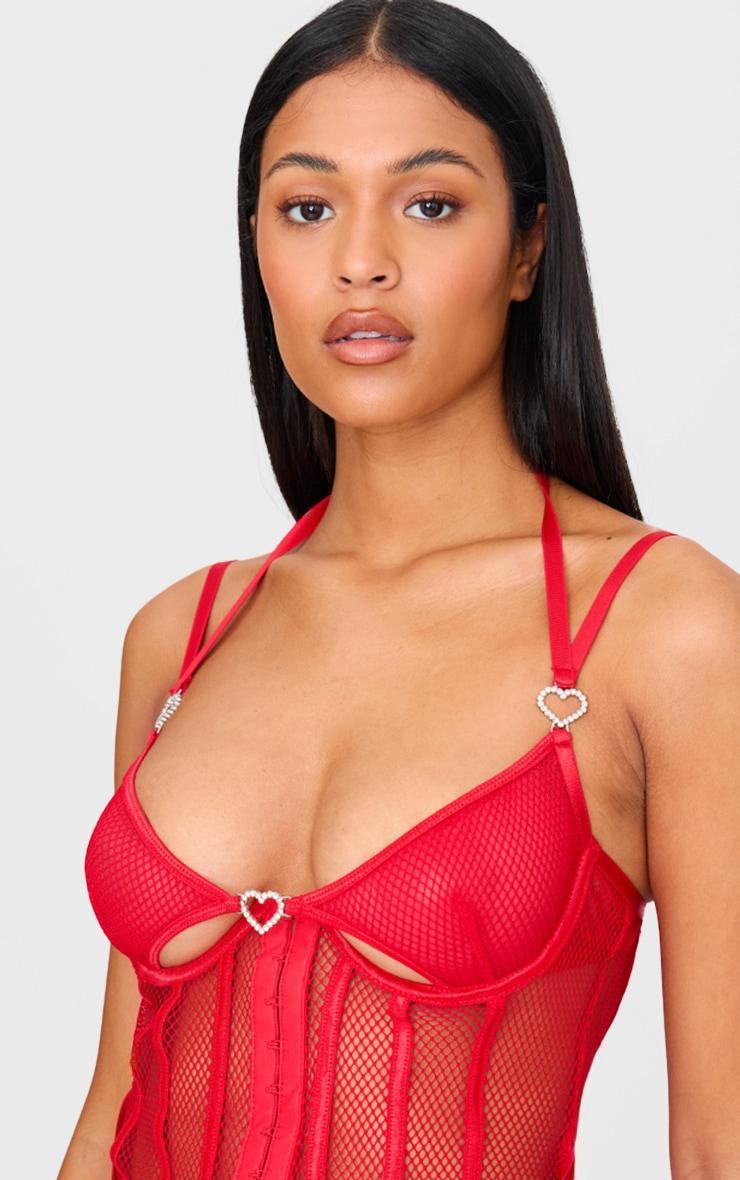 Red Fishnet Diamante Heart Corset Lingerie Set Product Image
