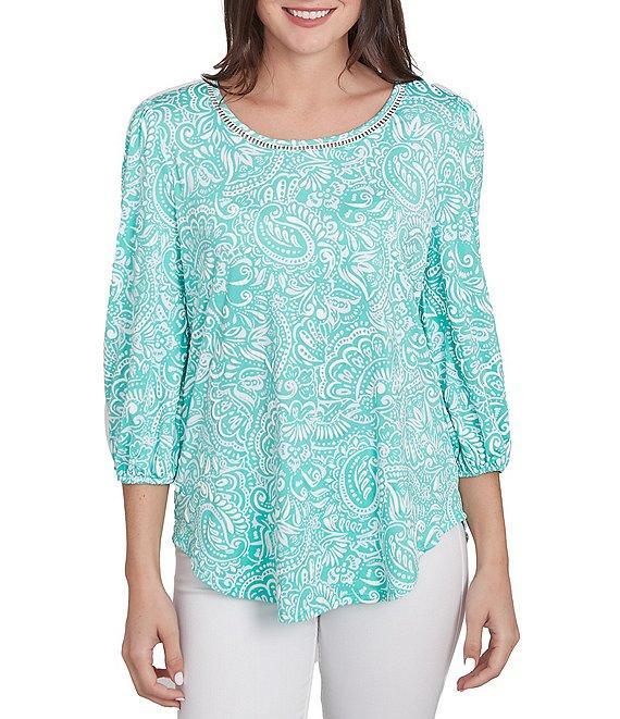 Ruby Rd. Knit Mixed Pattern Print Ladder Stitch Scoop Neck 3/4 Sleeve Top Product Image