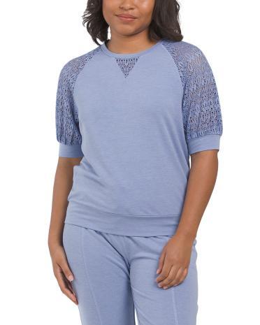 Puff Sleeve Crochet Sweatshirt for Women | Polyester/Spandex/Rayon Product Image