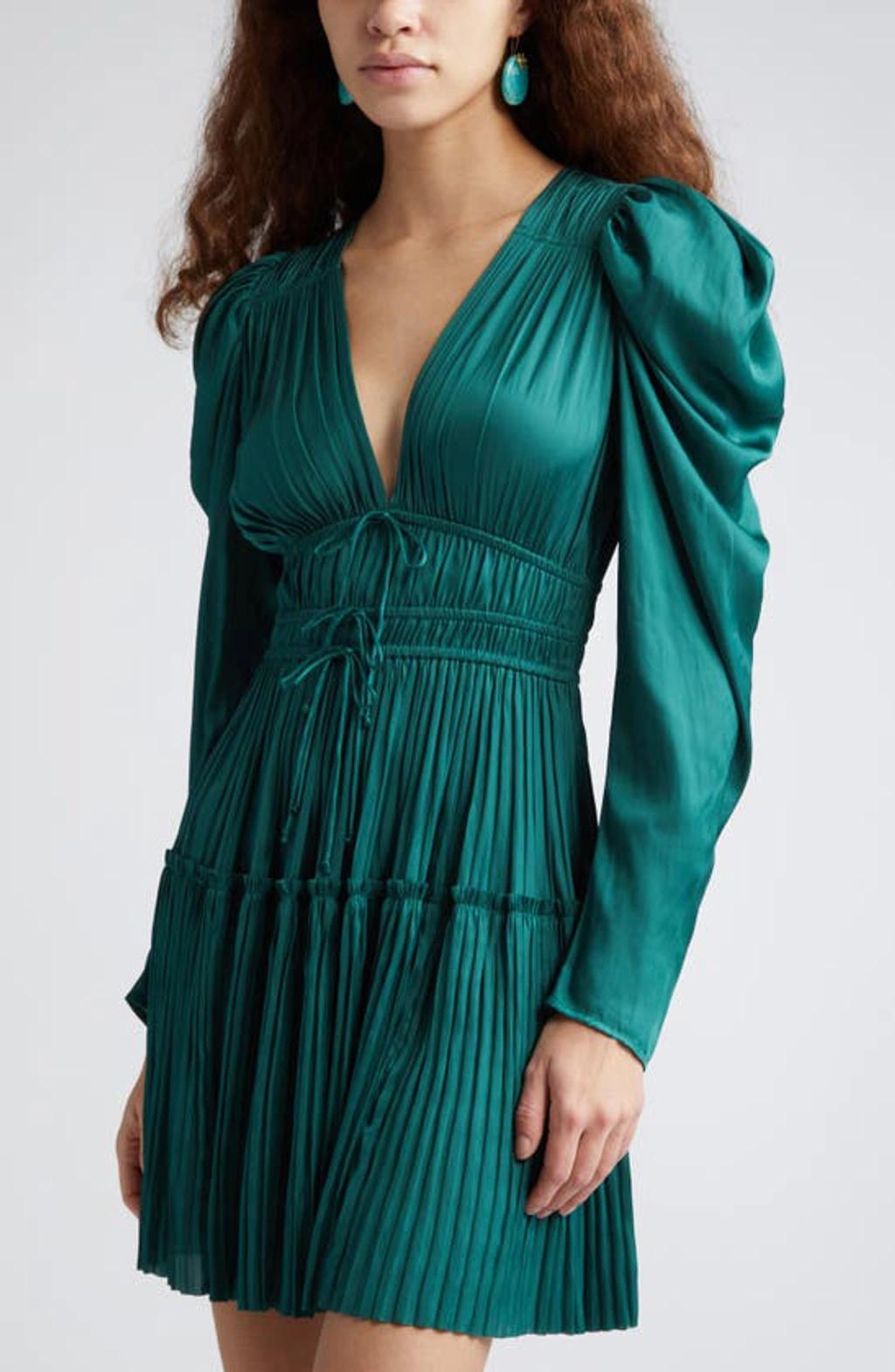 Lu Puff-sleeve Pleated Satin Mini Dress In Green Product Image