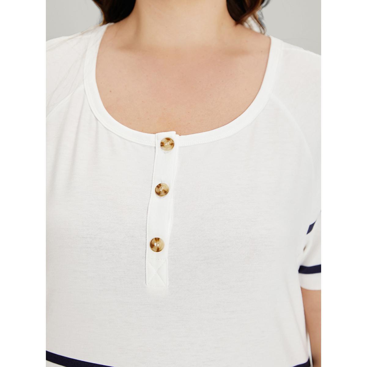 Plus Size Striped Button Through Pocket Raglan Sleeve Dress White Women Casual Contrast Round Neck Short sleeve Curvy Midi Dress BloomChic 12/L Product Image