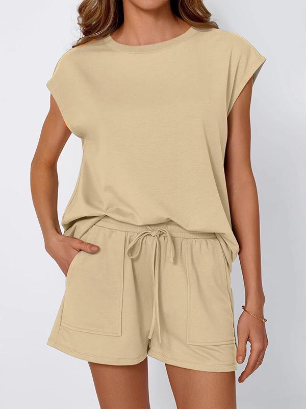 Loose Raglan Sleeve Solid Color Split-Joint Round-Neck T-Shirt + Drawstring Elasticity Shorts Two Pieces Set Product Image