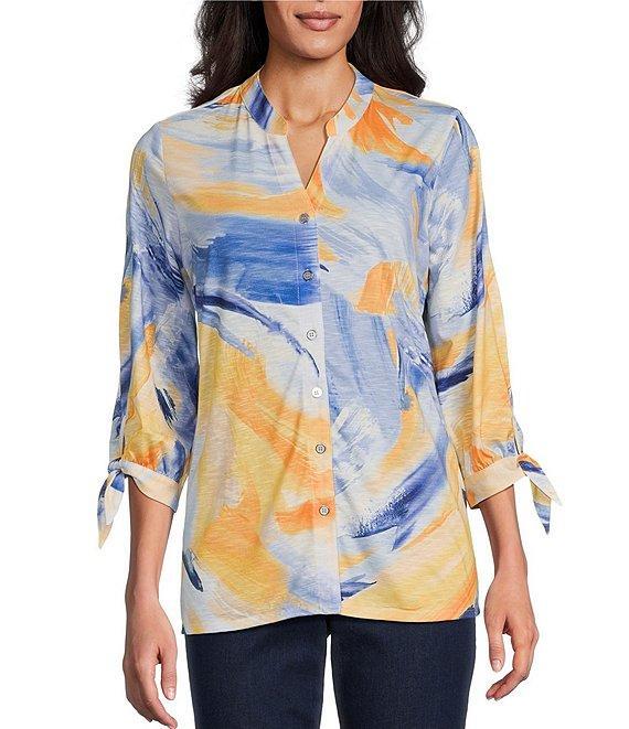 Allison Daley Petite Size 3/4 Tie Sleeve Y-Neck Button Front Knit Top Product Image
