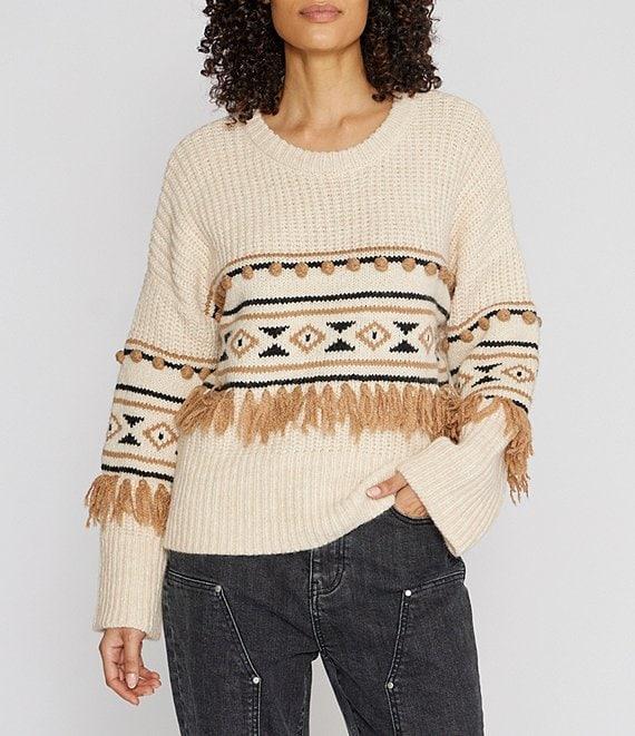 Driftwood Geometric 3D Tassel Pom-Pom Knit Crew Neck Long Sleeve Pullover Sweater Product Image