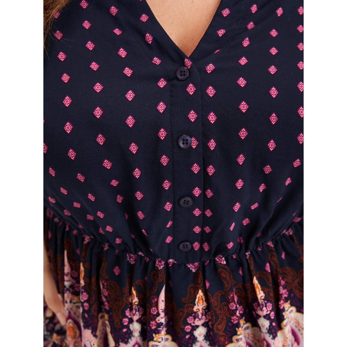 Plus Size DarkBlue Floral Button Lantern Sleeve Elastic Waist Flutter Blouse Women Vacation Long Sleeve V-neck Dailywear Blouses BloomChic 14-16/1X Product Image